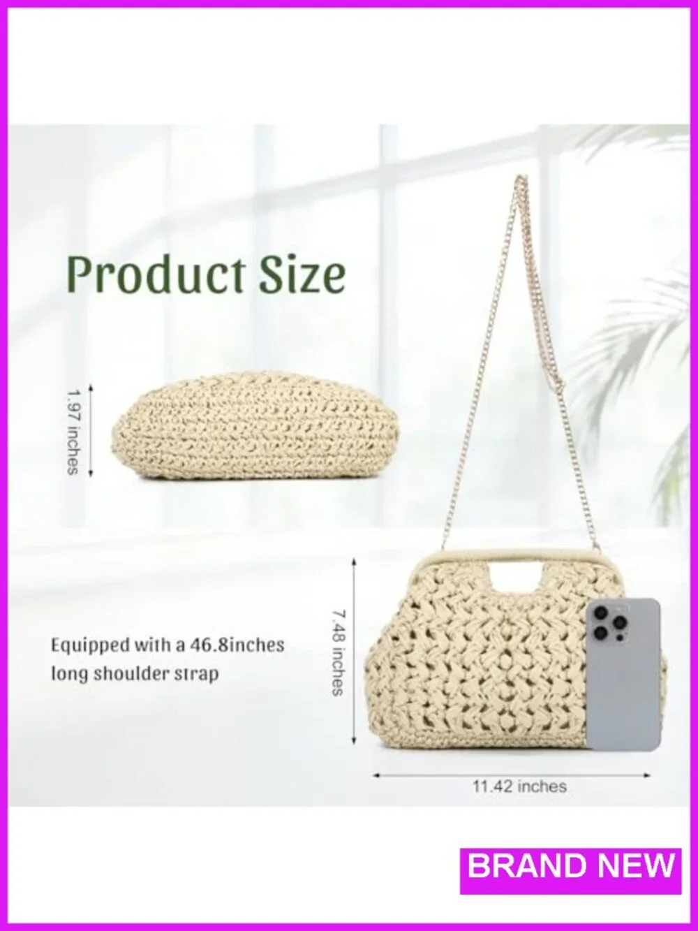 Straw Dumpling Clutch Bag, Woven Summer Beach Handbag, Crossbody Chain,